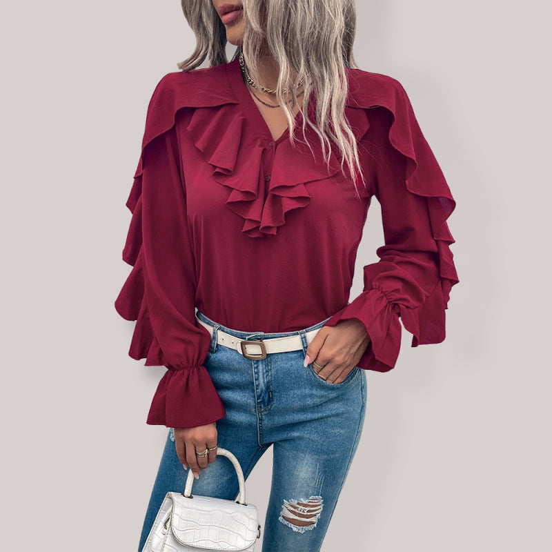 Edna Women's Solid V-Neck Ruffle Panel Top