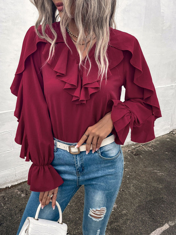 Edna Women's Solid V-Neck Ruffle Panel Top