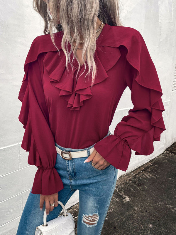 Edna Women's Solid V-Neck Ruffle Panel Top