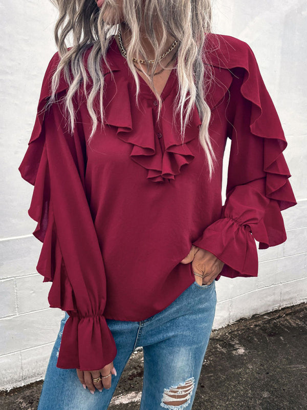 Edna Women's Solid V-Neck Ruffle Panel Top