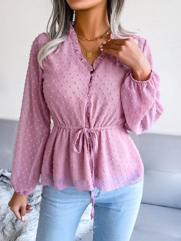 Valencia Women's Lantern Long Sleeve Ruffle Lace Up Waist Wave Point Chiffon Top