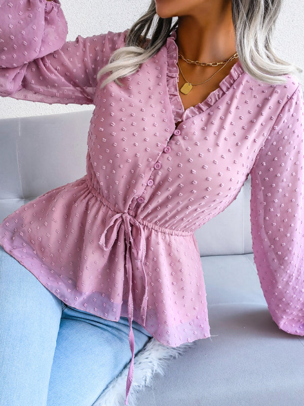 Valencia Women's Lantern Long Sleeve Ruffle Lace Up Waist Wave Point Chiffon Top