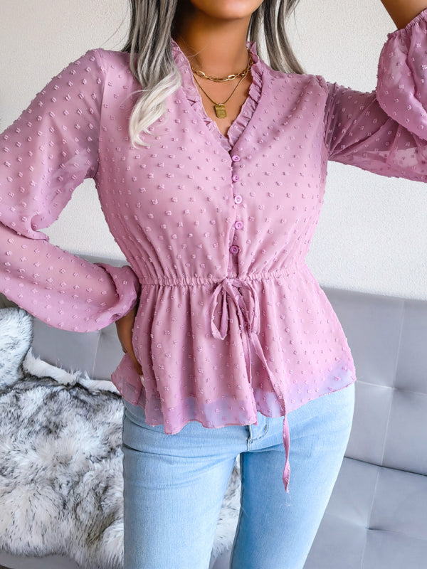 Valencia Women's Lantern Long Sleeve Ruffle Lace Up Waist Wave Point Chiffon Top