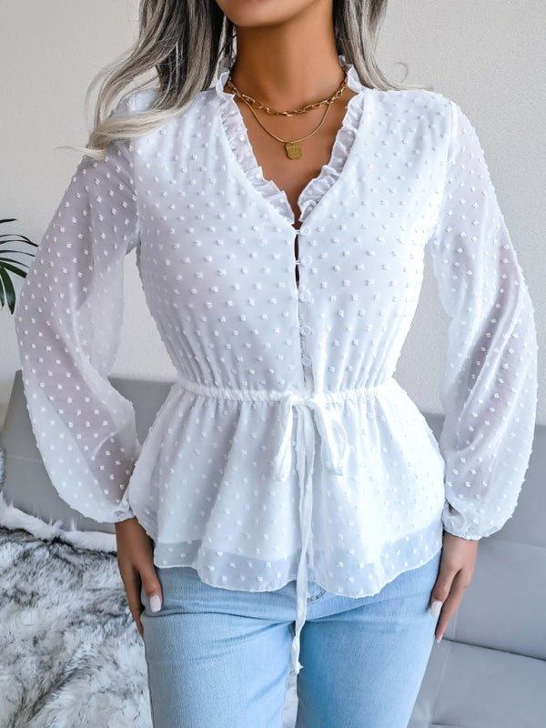 Valencia Women's Lantern Long Sleeve Ruffle Lace Up Waist Wave Point Chiffon Top