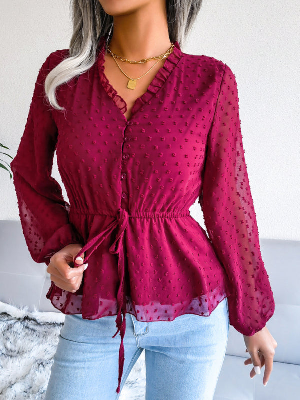 Valencia Women's Lantern Long Sleeve Ruffle Lace Up Waist Wave Point Chiffon Top