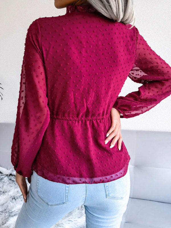 Valencia Women's Lantern Long Sleeve Ruffle Lace Up Waist Wave Point Chiffon Top