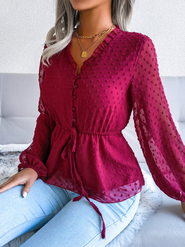 Valencia Women's Lantern Long Sleeve Ruffle Lace Up Waist Wave Point Chiffon Top
