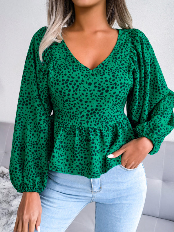 Elayna Women's Lantern Long Sleeve Casual Leopard Chiffon Shirt Top