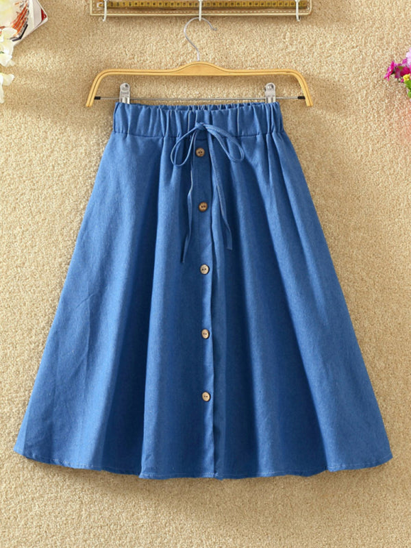 Miley Elastic Waist Button-Down A-Line Denim Skirt