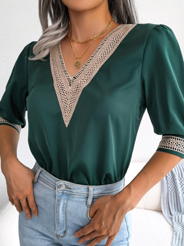 Solene Women's Temperament Lace V-Neck Medium Sleeve Chiffon Shirt