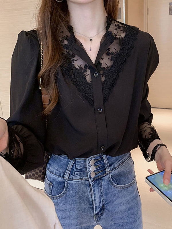Gracelyn Women's Lace Chiffon Panel Long Sleeve Top