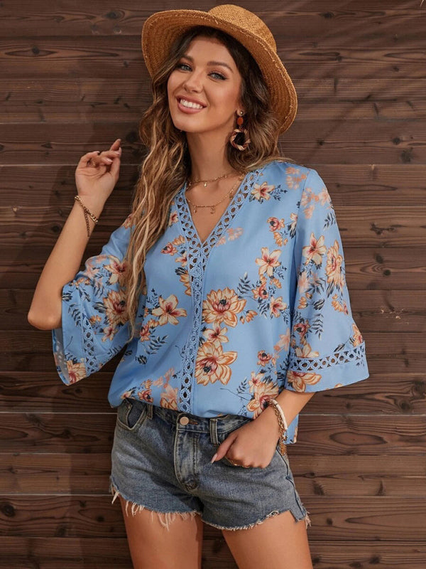 Calista Women's V-Neck Printed Patchwork Lace Flared Sleeve Top