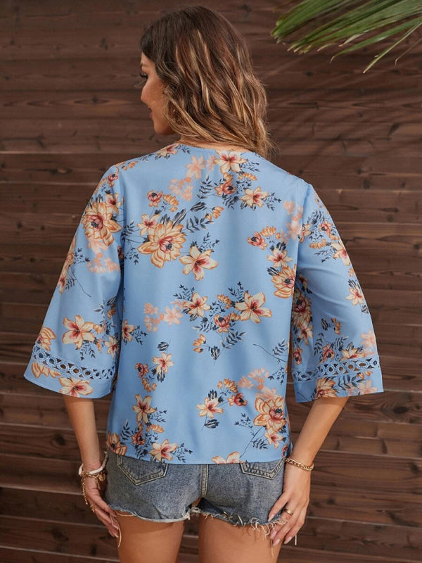 Calista Women's V-Neck Printed Patchwork Lace Flared Sleeve Top