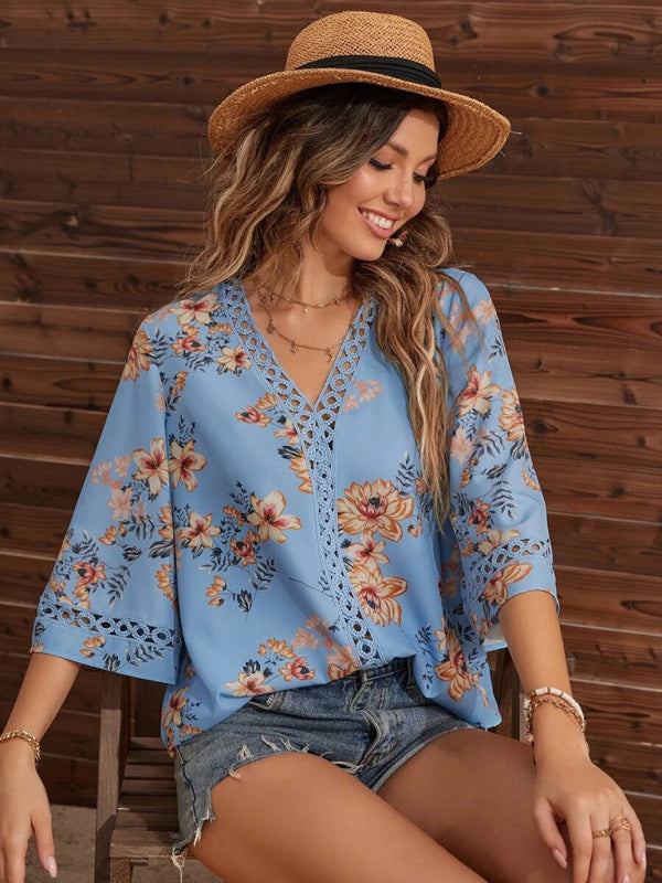 Calista Women's V-Neck Printed Patchwork Lace Flared Sleeve Top