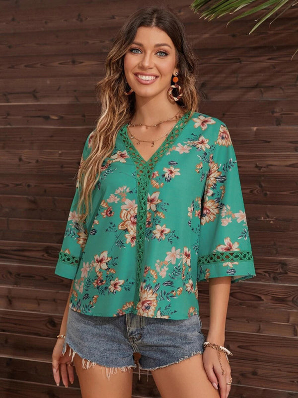 Calista Women's V-Neck Printed Patchwork Lace Flared Sleeve Top