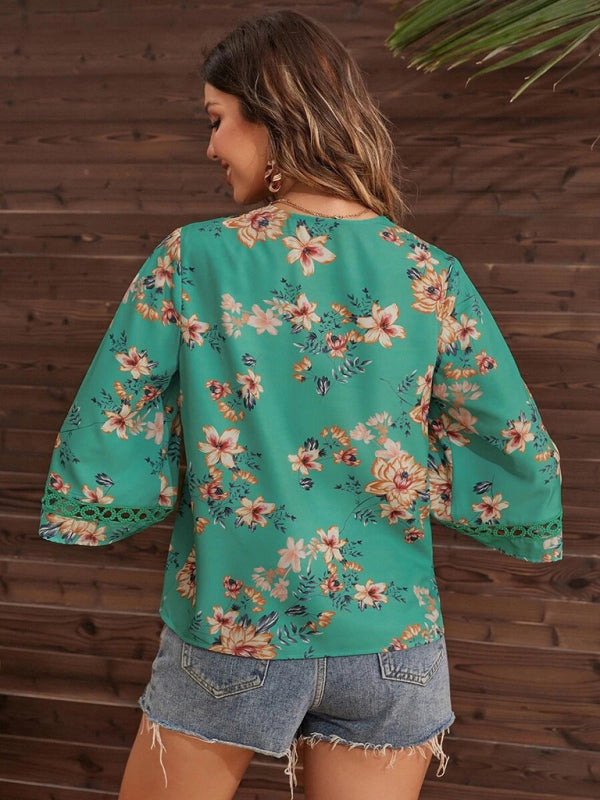 Calista Women's V-Neck Printed Patchwork Lace Flared Sleeve Top