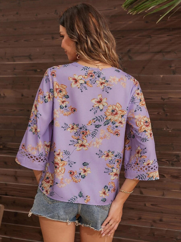 Calista Women's V-Neck Printed Patchwork Lace Flared Sleeve Top