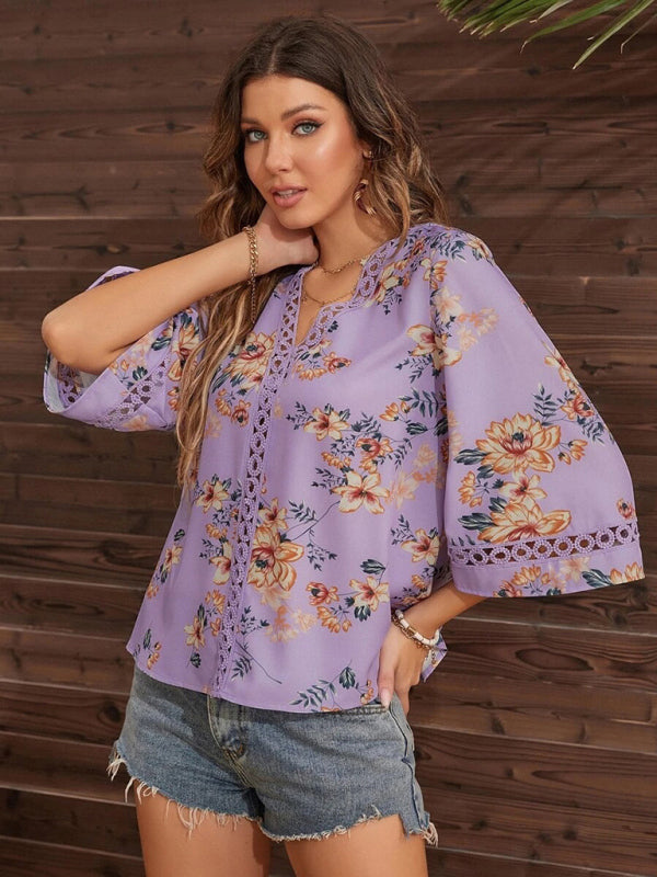 Calista Women's V-Neck Printed Patchwork Lace Flared Sleeve Top