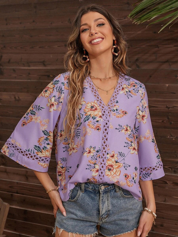 Calista Women's V-Neck Printed Patchwork Lace Flared Sleeve Top