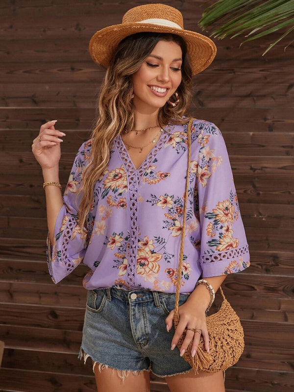 Calista Women's V-Neck Printed Patchwork Lace Flared Sleeve Top