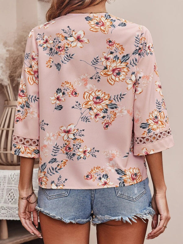 Calista Women's V-Neck Printed Patchwork Lace Flared Sleeve Top