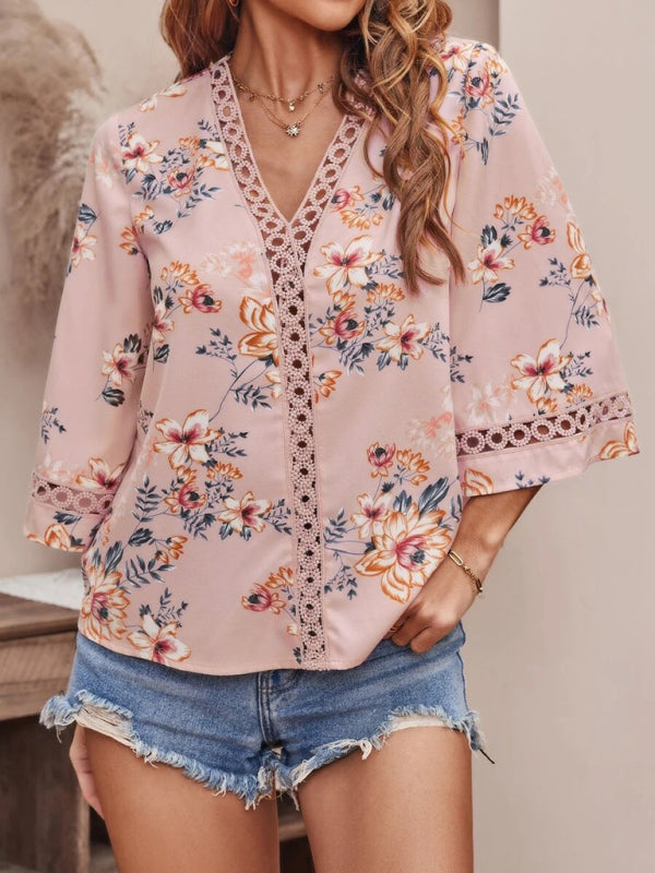 Calista Women's V-Neck Printed Patchwork Lace Flared Sleeve Top