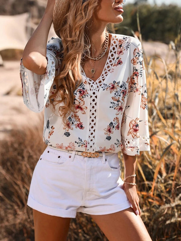 Calista Women's V-Neck Printed Patchwork Lace Flared Sleeve Top