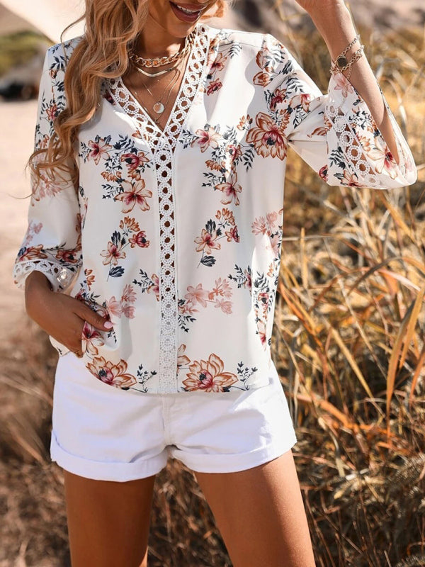 Calista Women's V-Neck Printed Patchwork Lace Flared Sleeve Top