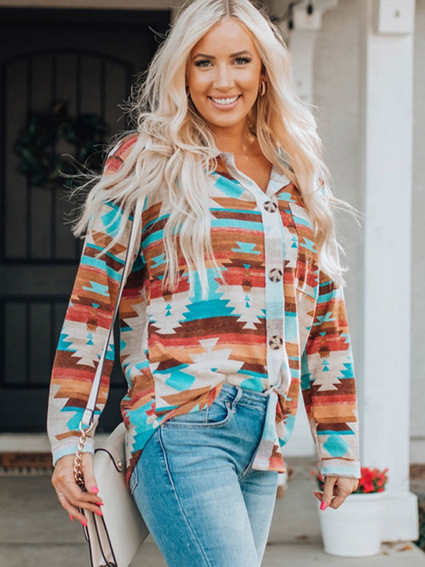 Giuliana Women's Multi-Coloured Printed Buttoned Pocket Chest Long Sleeve Shirt