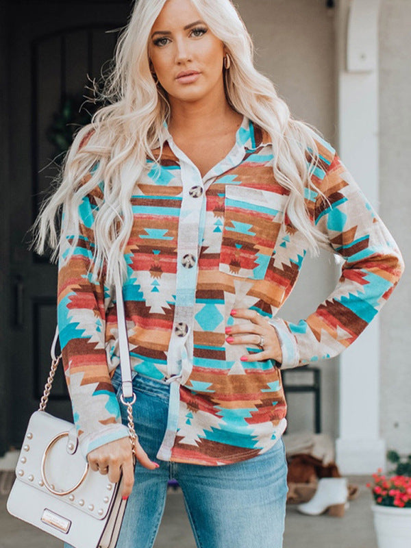 Giuliana Women's Multi-Coloured Printed Buttoned Pocket Chest Long Sleeve Shirt