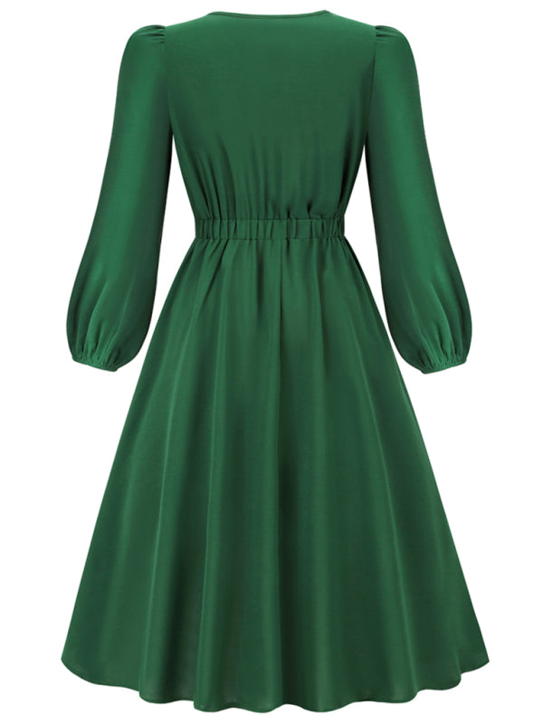 Delilah Women Fashion Round Neck Bow A-line Mid-length Dress