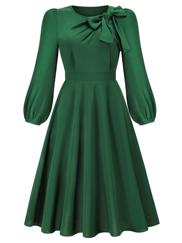 Delilah Women Fashion Round Neck Bow A-line Mid-length Dress