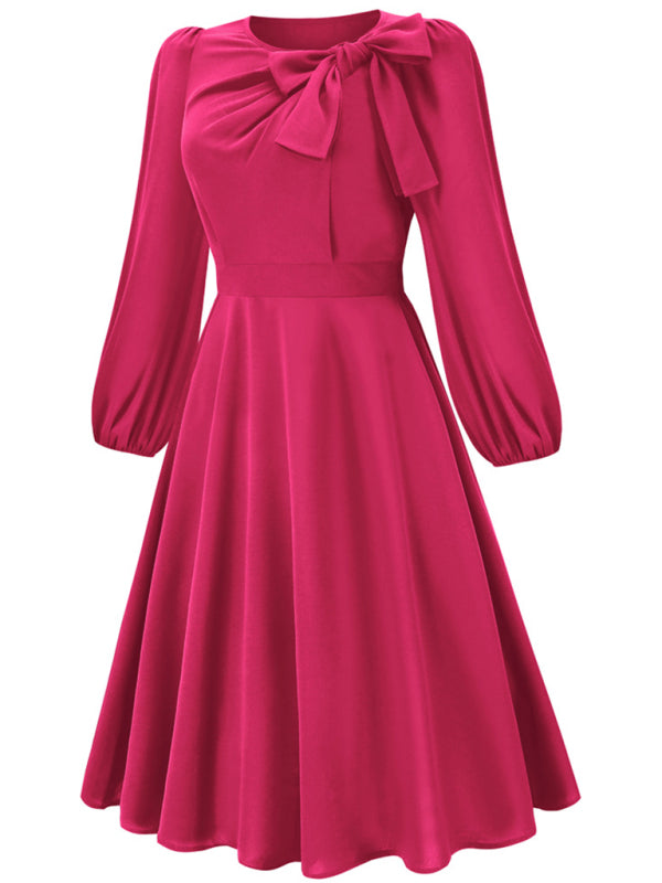 Delilah Women Fashion Round Neck Bow A-line Mid-length Dress