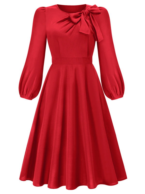 Delilah Women Fashion Round Neck Bow A-line Mid-length Dress