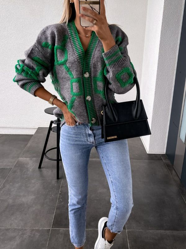 Delaney Contrast Single-Breasted Drop-Sleeve Sweater Cardigan
