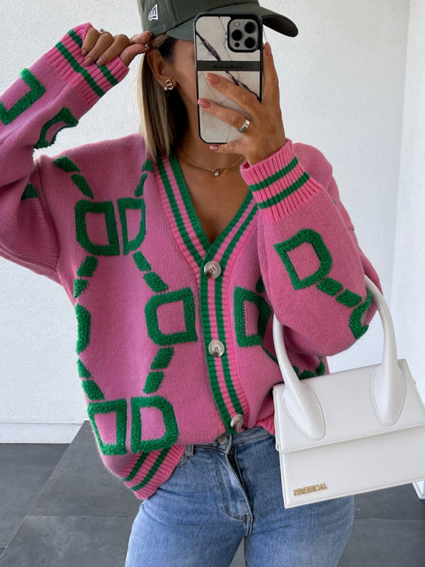 Delaney Contrast Single-Breasted Drop-Sleeve Sweater Cardigan