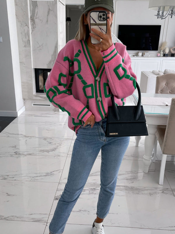 Delaney Contrast Single-Breasted Drop-Sleeve Sweater Cardigan