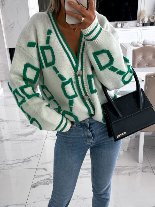 Delaney Contrast Single-Breasted Drop-Sleeve Sweater Cardigan