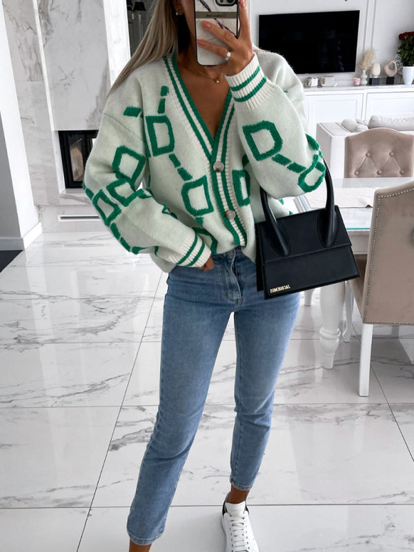 Delaney Contrast Single-Breasted Drop-Sleeve Sweater Cardigan
