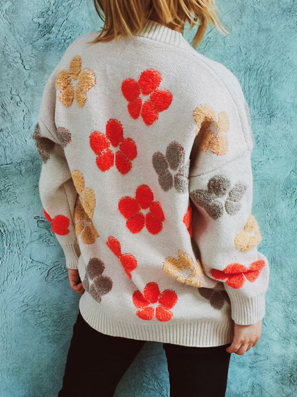 Izabella Single Breasted Pocket Jacquard Drop Sleeve Sweater Cardigan