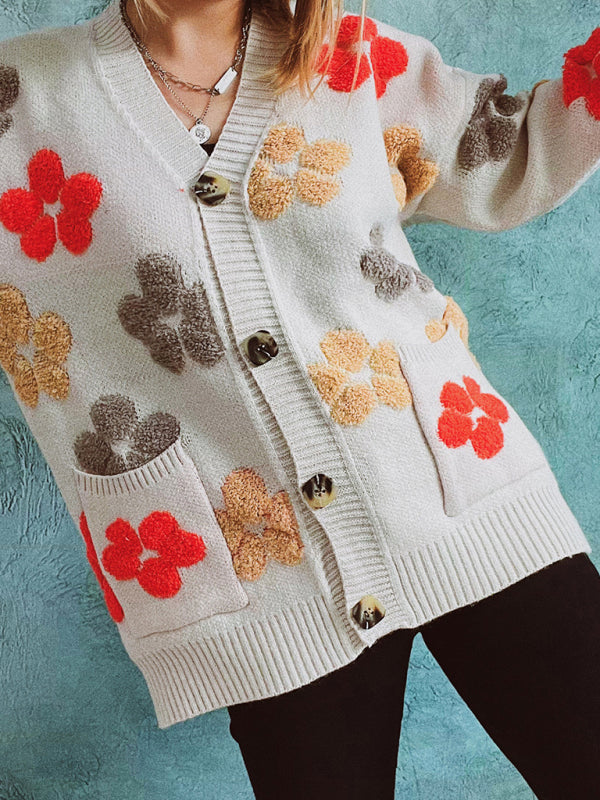 Izabella Single Breasted Pocket Jacquard Drop Sleeve Sweater Cardigan