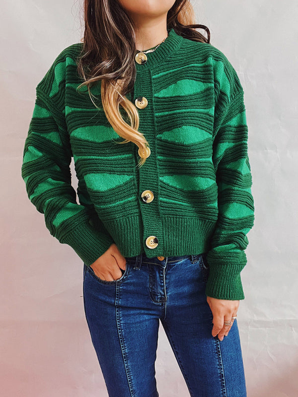 Maribel Striped Contrast Single Breasted Crewneck Cropped Cardigan
