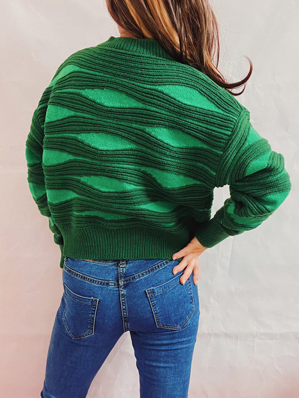 Maribel Striped Contrast Single Breasted Crewneck Cropped Cardigan