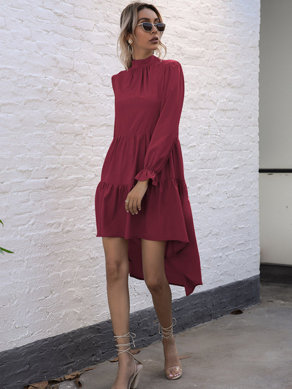 Women's High-Neck Ruffle Hem Long Sleeve Dress