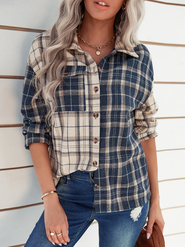 Ada Women's Lapel Plaid Long Sleeve Loose Shirt