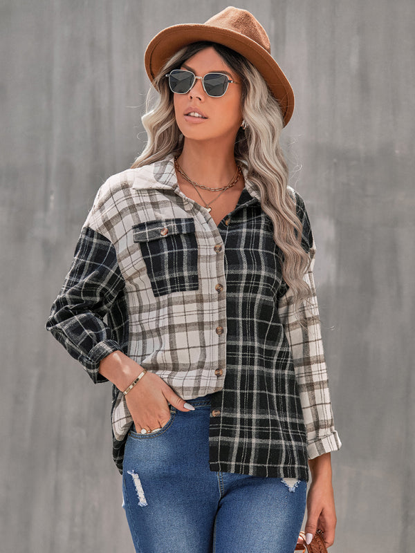 Ada Women's Lapel Plaid Long Sleeve Loose Shirt