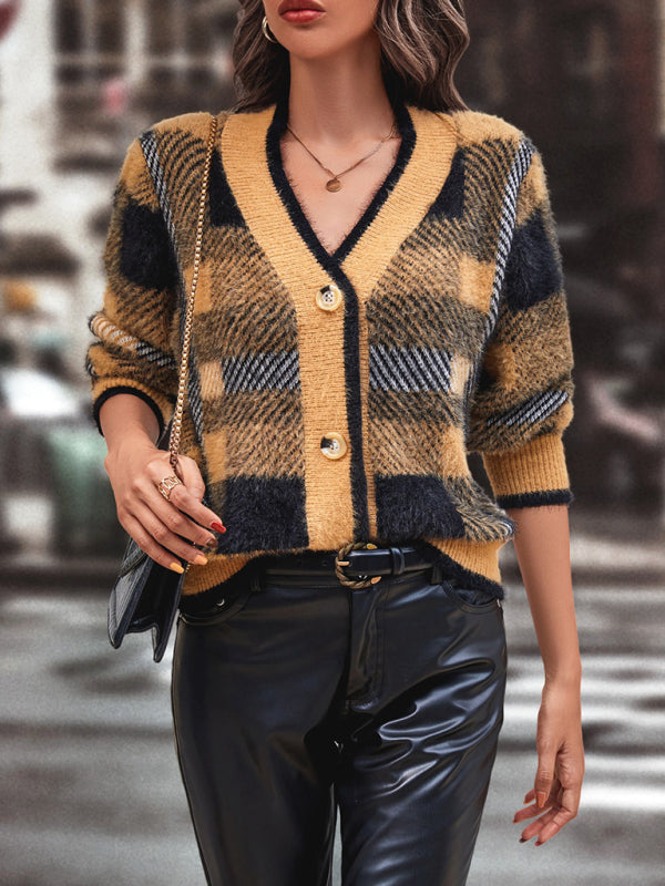 Staci Autumn And Winter New Women's Plaid Button Cardigan Sweater