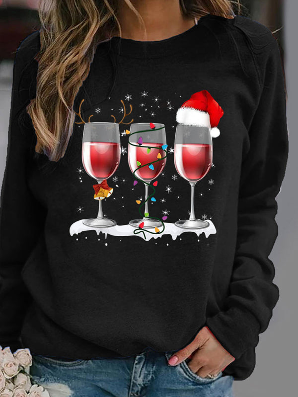 Harley Christmas Red Wine Cup Printed Long Sleeved Round Neck Hoodless Sweater Women