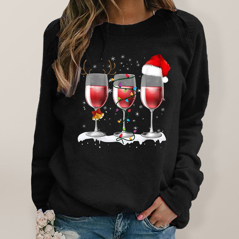 Harley Christmas Red Wine Cup Printed Long Sleeved Round Neck Hoodless Sweater Women