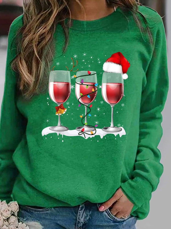Harley Christmas Red Wine Cup Printed Long Sleeved Round Neck Hoodless Sweater Women
